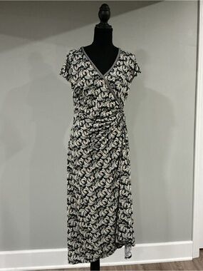 Max Studio Navy and Ivory w/Green and Yellow Paisley Wrap Midi Dress
